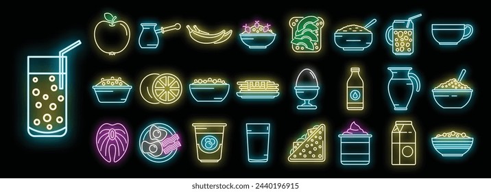 Healthy breakfast icons set outline vector. Protein food. Bread eating neon color isolated