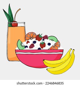 Healthy breakfast. Illustration of oatmeal porridge in bowl topped with fresh fruits and berries, blueberries, strawberries, raspberries, kiwi, oranges. Juice or smoozy drink on background, bananas. 