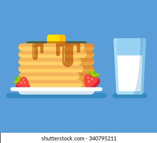 Healthy breakfast illustration, stack of pancakes with butter and syrup, strawberries and glass of milk. Modern flat vector icon.