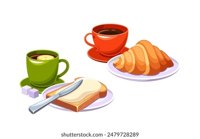 Healthy Breakfast Including A Cup Of Coffee, A Cup Of Tea, A Croissant, And A Slice Of Bread With A Knife, Vector Image