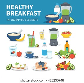 Healthy breakfast infographic elements. Vector breakfast cartoon illustrations. 