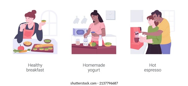 Healthy breakfast isolated cartoon vector illustrations set. Young woman eating healthy avocado toast, homemade yogurt, home kitchen appliances, make hot espresso with coffee machine vector cartoon.