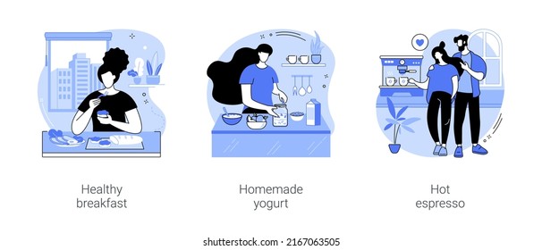 Healthy breakfast isolated cartoon vector illustrations set. Young woman eating healthy avocado toast, homemade yogurt, home kitchen appliances, make hot espresso with coffee machine vector cartoon.