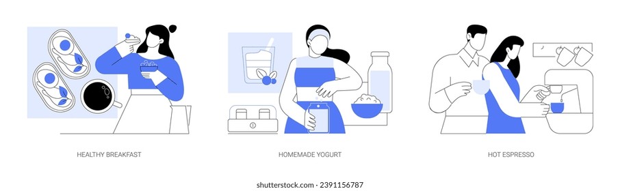 Healthy breakfast isolated cartoon vector illustrations set. Young woman eating healthy avocado toast, homemade yogurt, home kitchen appliances, make hot espresso with coffee machine vector cartoon.