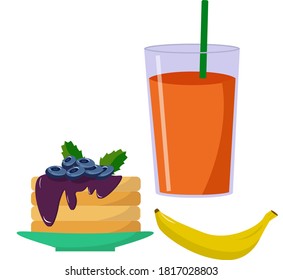 A healthy breakfast - juice, banana and pancakes, berries and jam. Vector illustration isolated on white background. For cafes, menus and decor. 