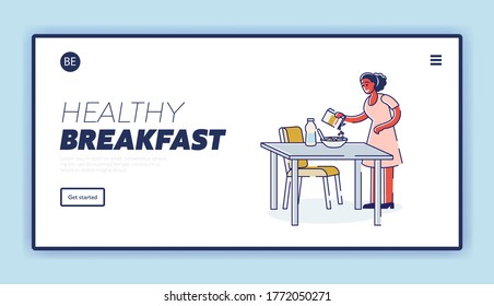 Healthy breakfast landing page with woman cooking oatmeal for breakfast. Cartoon female making muesli or granola with milk. Nutrition concept. Linear vector illustration