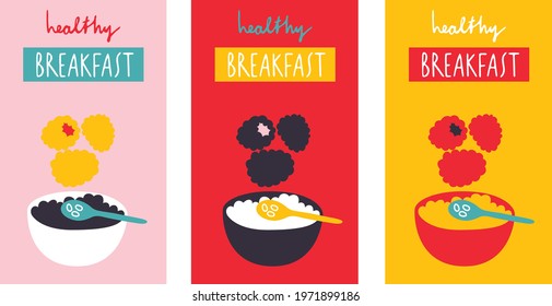 Healthy Breakfast logo set for products, organic shops, packaging and advertising. Muesli and fruit. Abstract flat stickers, emblems and labels for muesli. Graphic design editable for your design.