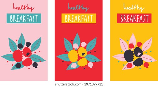 Healthy Breakfast logo set for products, organic shops, packaging and advertising. Berries and fruit. Abstract flat stickers, emblems and labels for muesli. Graphic design editable for your design.