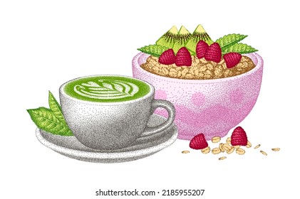 Healthy breakfast with matcha latte. Oatmeal porridge with kiwi, raspberry. Granola bowl with berry, fruits. Muesli flakes, oat grain. Vector sketch.