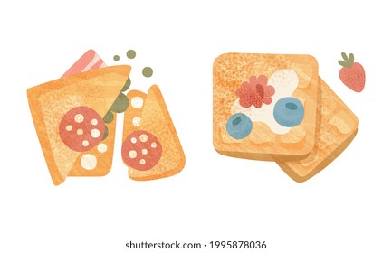 Gesundes Frühstücksbuffet, klassische Speisekarte mit Sandwich und Waffelkartoon Vektorgrafik