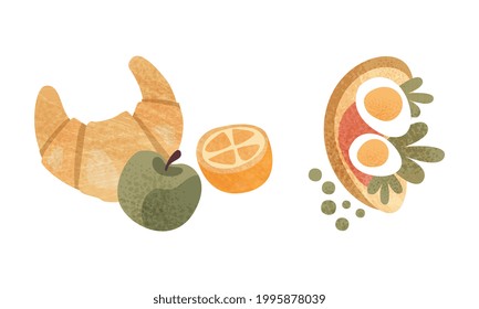 Comida para el desayuno saludable, menú clásico con sándwich y vectores croissant Ilustración