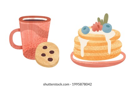 Healthy Breakfast Meal Set, Classical Menu with Cup of Coffee and Pancakes Cartoon Vector Illustration