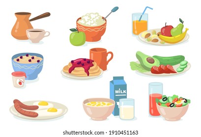 Comidas saludables para el desayuno. Platos con fruta fresca, verduras y crepes, bolas con ensaladas y cereales, limo, café. Ilustración vectorial para alimentación, nutrición, concepto de menú