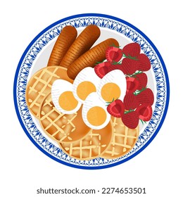Ilustración saludable del menú del desayuno con gofre, huevo, salchichas y bayas