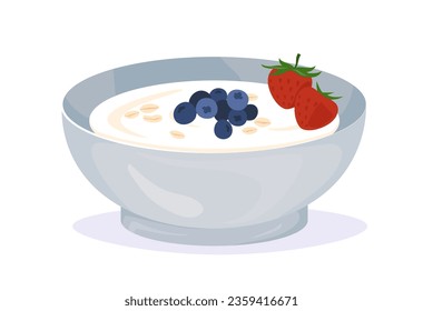 Healthy breakfast milk porridge concept. Dish of oatmeal with berries, blueberries and strawberries. Dessert and delicacy. Cartoon flat vector illustration isolated on white background