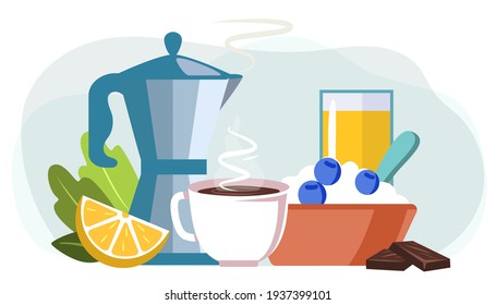 Healthy breakfast Morning Oatmeal with berries and tea or coffee pot and juice orange Organic delicious fresh morning taste Healthy lifestyle and dieting Detox Vegetarian food concept