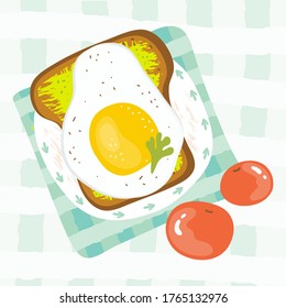 Healthy Breakfast in the morning served with fried egg, avocado, tomato, sandwich. Good morning food menu in summer. Balanced diet. Delicious food. Hand drawn vector illustration cartoon style