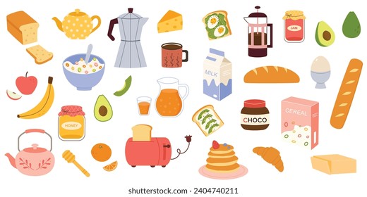 Healthy breakfast. Morning. Various food and drink. Cereal, cup of tea, coffee, avocado,toast, butter,egg,fruit, honey.Vector cartoon illustration 