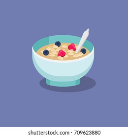 Healthy breakfast with muesli and berries flat illustration. Cereal bowls with strawberries and blueberries.
