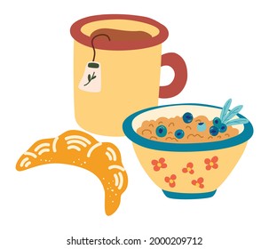 Healthy breakfast. Mug of tea, porridge with berries and a croissant. Classical Menu with Muesli. Concept homemade, healthy food, morning mode. Vector illustration for food, nutrition, menu concept