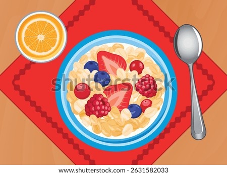 Healthy breakfast with oatmeal and fruit top view vector illustration. Breakfast cereal and orange juice on a wooden table above view vector. Breakfast cereal bowl on the table drawing