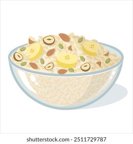 healthy breakfast, oatmeal with nuts, banana in a plate. A simple, easy and delicious vegan meal. Illustration on a transparent background