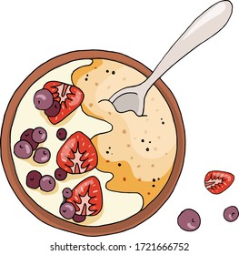 Healthy breakfast, oatmeal porridge with berries. Hand drawn food illustration. Vector composition isolated on white background.