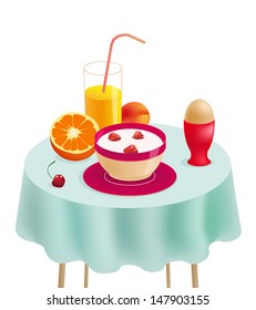 Healthy breakfast on the table. Vector illustration: yogurt with raspberries, orange, egg, juice, peach