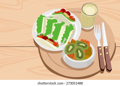 healthy breakfast on wooden table. clean food. Cartoon Breakfast. Happiness Morning. vector illustration