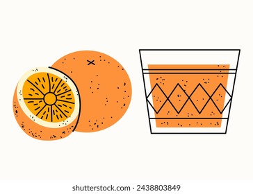 Healthy breakfast. Orange and a glass of orange juice. Set of vector flat illustrations in hand drawn style. Delicious dishes. Cartoon food icons. Isolated on a white background.