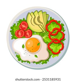 Healthy Breakfast Plate with Avocado, Fried Egg, Tomatoes, and Bell Peppers – Vector Illustration