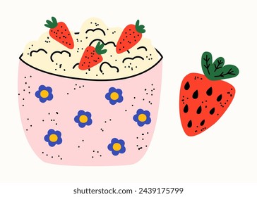 Healthy breakfast. A plate of porridge or oatmeal and strawberries. Set of vector flat illustrations in hand drawn style. Delicious dishes. Cartoon food icons. Isolated on a white background.