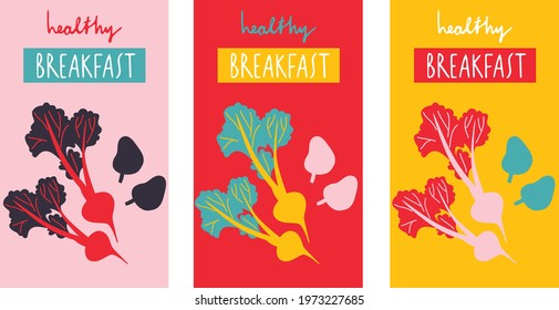 Healthy Breakfast Poster set with vegetables. Vector illustration summer organic veggies. Good morning set poster. Modern abstract still life. Vegan menu.