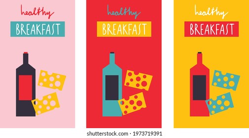 Healthy Breakfast Poster. Vector illustration. Wine and glass abstract still life. Cartoon flat banner.
