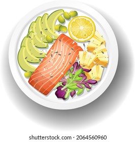 Healthy breakfast with salmon steak illustration