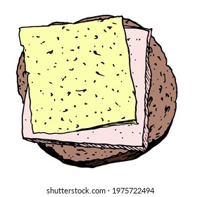Healthy breakfast sandwich of bread ham and cheese in color. isolated food item sandwich square shape dark brown with square slices of yellow cheese and pink ham, hand-drawn in sketch style top view 