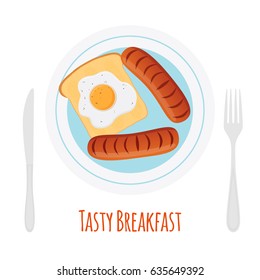 Healthy breakfast - sausage, egg, toast. Fried bread, meat with fork and knife made in cartoon flat style.