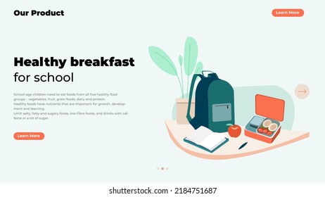 Healthy breakfast for School. illistrations with backpack. lunch box, apple, drinks, plants, books, copybook, pencil. Back to school