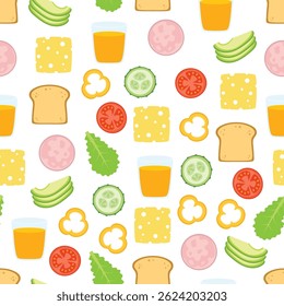 café da manhã saudável padrão sem emenda com pão torrado, queijo, presunto, copo de suco, abacate, legumes e salada, ilustração vetor plana isolado no branco