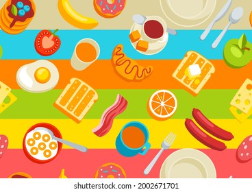 Healthy breakfast seamless pattern. Various food and drinks. Illustration for cafes, restaurants and hotels.