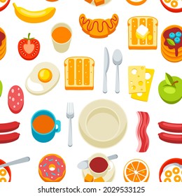 Healthy breakfast seamless pattern. Various food and drinks. Illustration for cafes, restaurants and hotels.