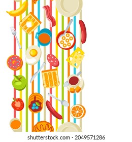 Healthy breakfast seamless pattern. Various food and drinks. Illustration for cafes, restaurants and hotels.
