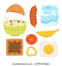 healthy breakfast set with belgian waffles with chocolate, fried egg and sausage, banana, tomato and pepper, breakfast cereals with milk, flat vector illustration isolated on white