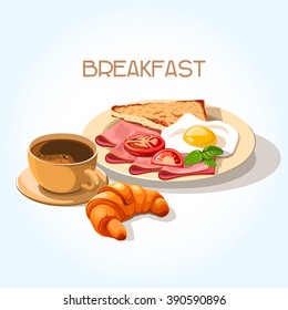 Healthy breakfast set of cartoon food: toast, fried egg, tomatoes, ham, croissant and coffee. Vector illustration.