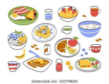 Healthy breakfast set. Collection of proper nutrition and diet. Porridge with fruit, scrambled eggs and croissants with tea or juice. Cartoon flat vector illustrations isolated on white background