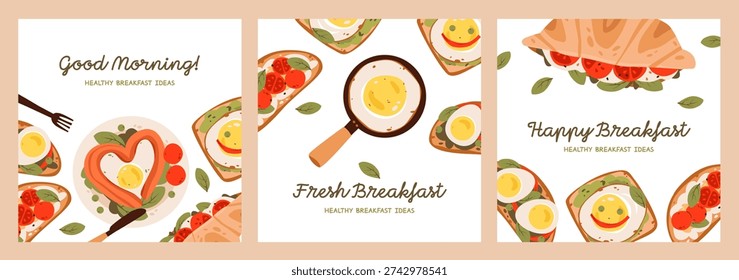 Healthy breakfast set with croissant, fried egg, toast, and organic vegetables. Cozy morning breakfast. Flat vector illustration set. Perfect for cafe menu, morning routine, and healthy food concepts.