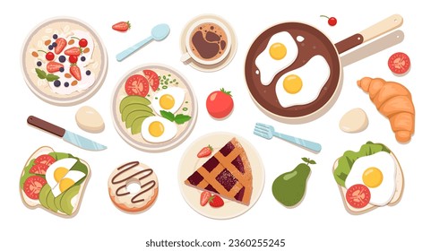 Gesundes Frühstücksbuffet. Eier mit Sandwiches und Donuts. traditionelles Morgenessen und Essen. Croissant, Erdbeerkuchen und Donut. Cartoon-FlachVektorgrafik, einzeln auf weißem Hintergrund