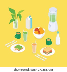 Healthy breakfast set with smoothie. Isometric vector illustration in flat design.