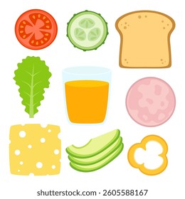 healthy breakfast set with toast bread, cheese, ham, glass of juice, avocado, vegetables and salad, flat vector illustration isolated on white