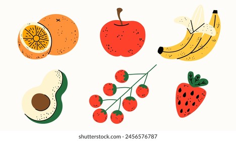 Desayuno saludable. Juego de verduras y frutas. Colección de varios alimentos: naranja, plátano, manzana, aguacate, tomate, fresa. Ilustración del dibujo de la mano del Vector, aislado en un fondo blanco.